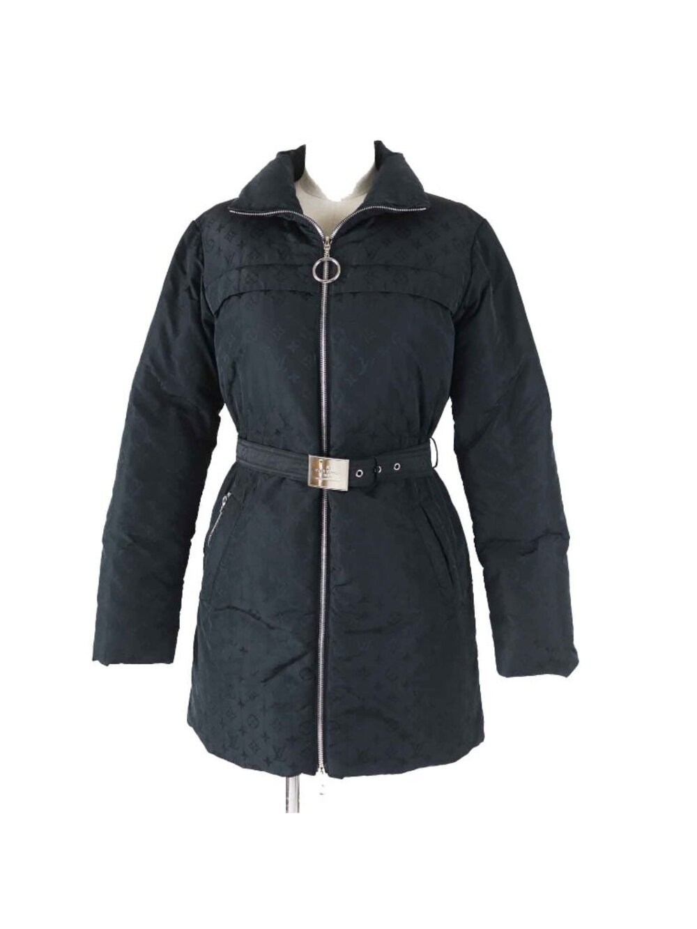 Louis Vuitton FF Silk Blend with Belt Total Monogram Down Coat Black Silver 36
